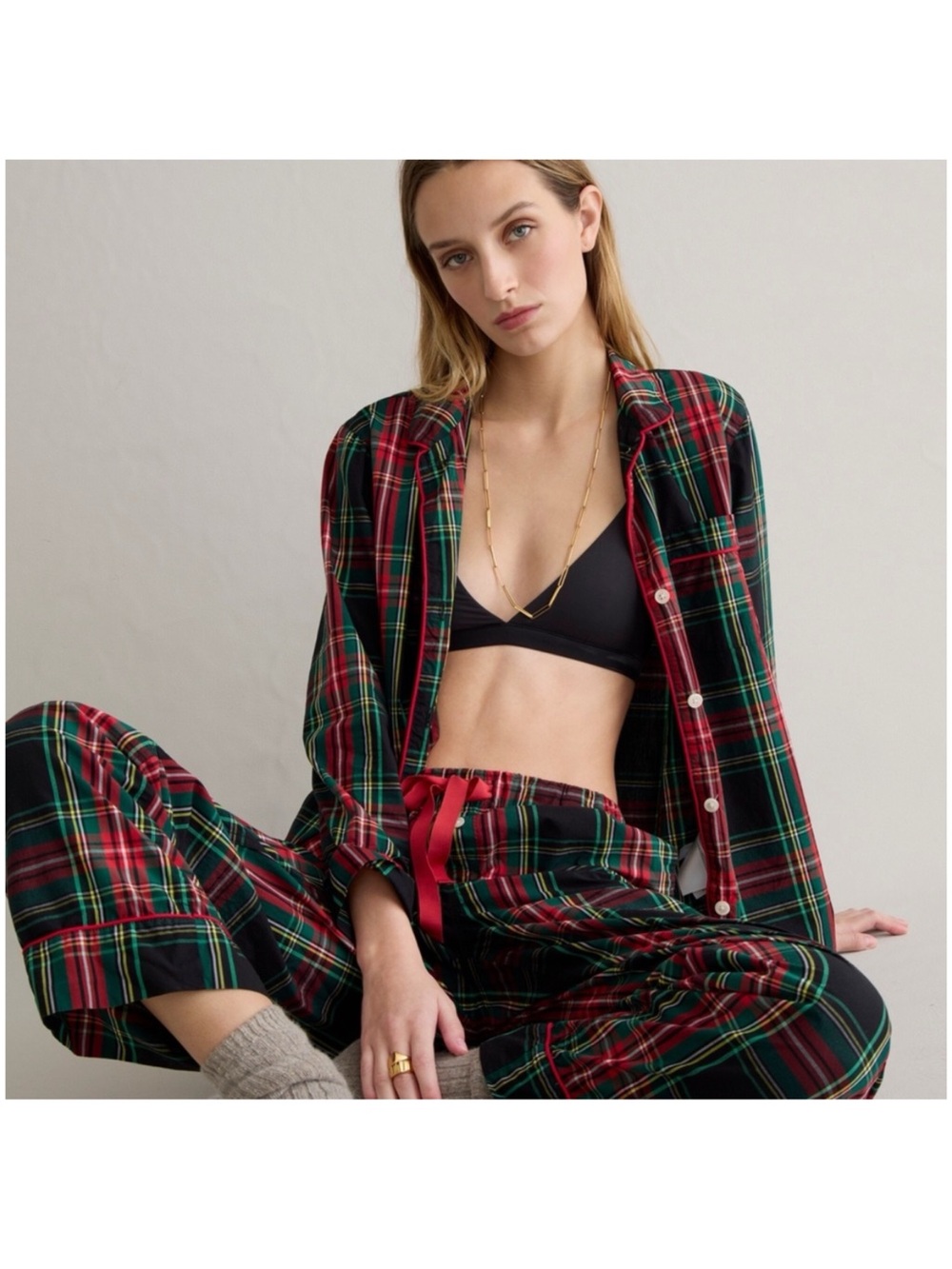 J.CREW Women’s Size M Black Stewart Tartan Long-Sleeve Cotton Poplin Pajama Set